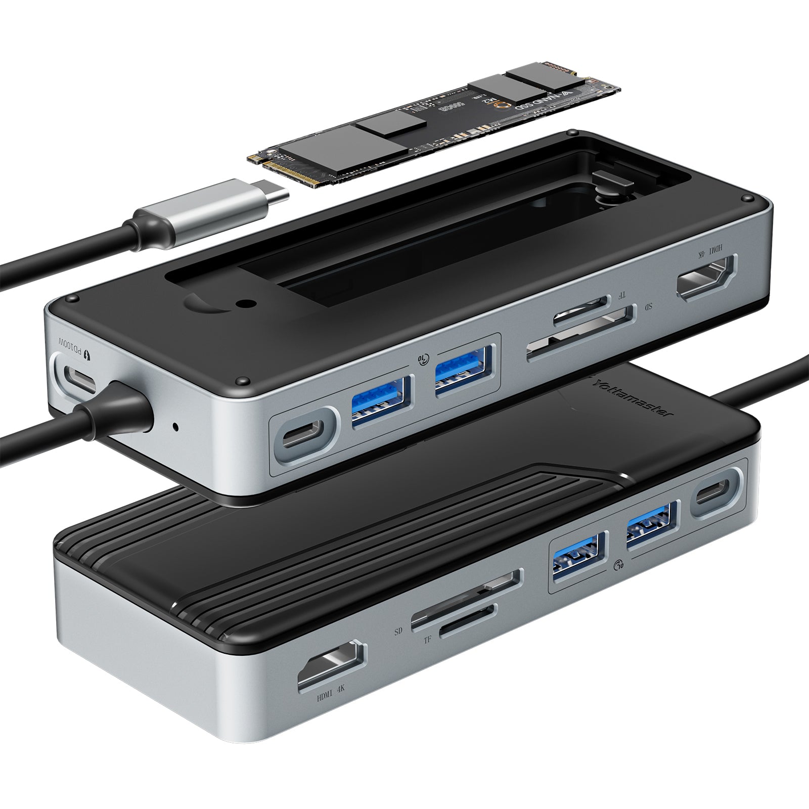 Yottamaster USB C Hub Case SSD M2, USB 3.2 Gen 2 8 in 1 Docking Station 10 Gbps 4K@60 Hz HDMI, PD 100 W, SD/TF2.0 Card Reader, Support 2230/2242/2260/2280 SSD for Windows, Mac