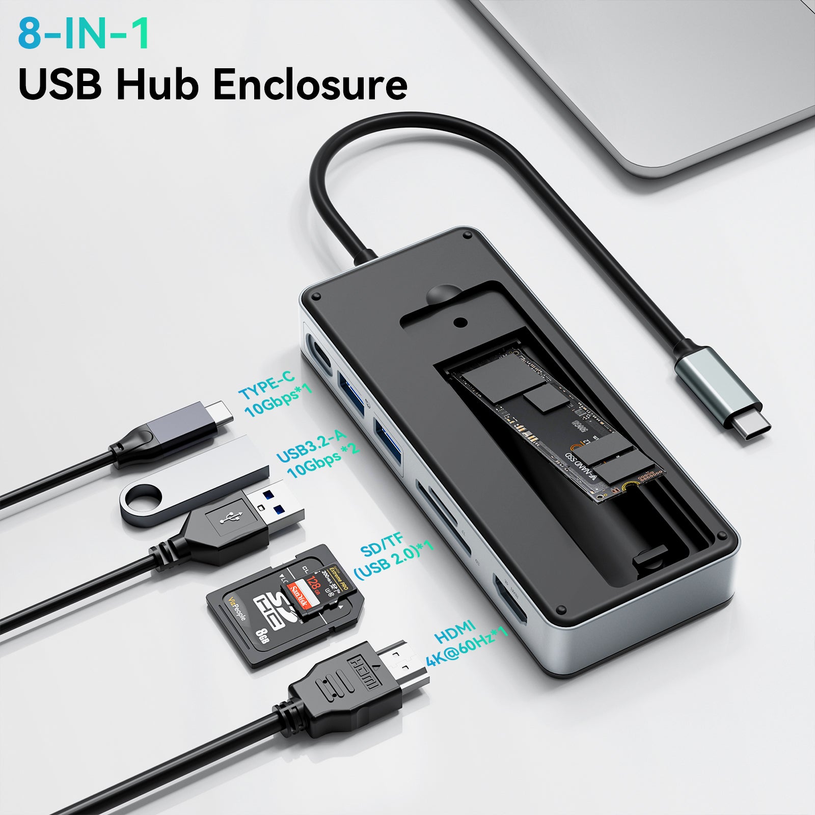 Yottamaster USB C Hub Case SSD M2, USB 3.2 Gen 2 8 in 1 Docking Station 10 Gbps 4K@60 Hz HDMI, PD 100 W, SD/TF2.0 Card Reader, Support 2230/2242/2260/2280 SSD for Windows, Mac