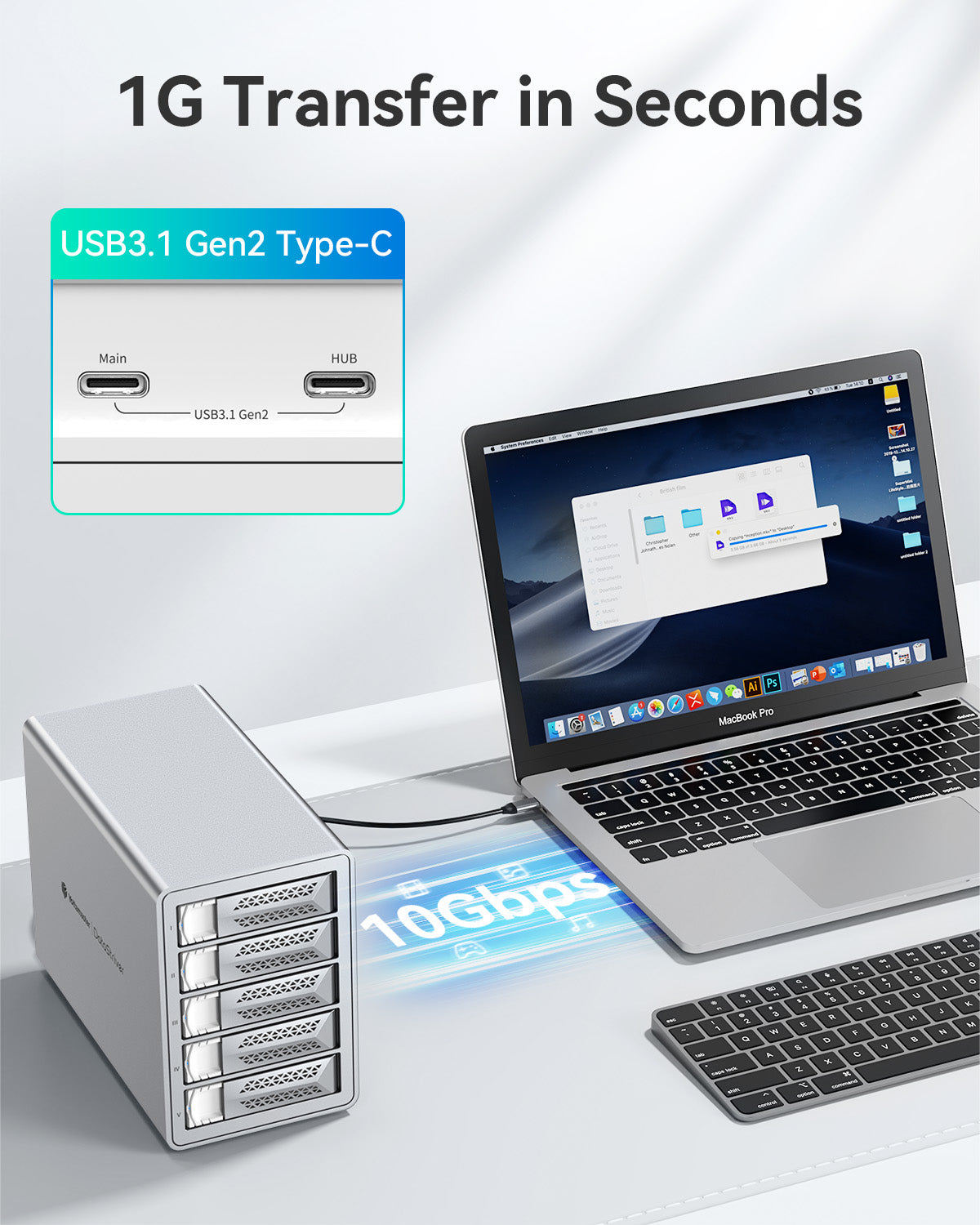 Yottamaster VN500 5-Bay External Hard Drive Enclosure (Up to 360TB, 10Gbps Data Transfer)