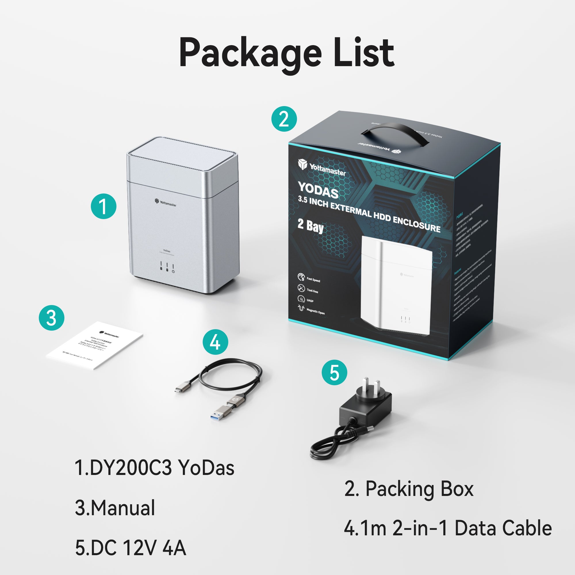 Yottamaster 2 Bay 3.5 Inch Hard Drive Enclosure Magnetic Tool-Free with Cooling Fan, 48TB(2x24TB)